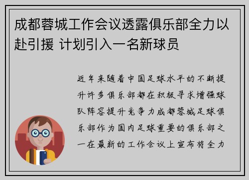 成都蓉城工作会议透露俱乐部全力以赴引援 计划引入一名新球员