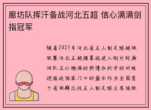 廊坊队挥汗备战河北五超 信心满满剑指冠军
