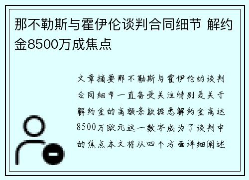 那不勒斯与霍伊伦谈判合同细节 解约金8500万成焦点
